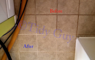 Tiles and grout in the kitchen showing partially dirty and clean condition