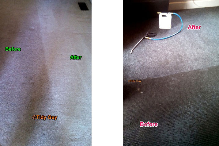 Off gray and beige carpets showing a significant improvement after being steam cleaned.